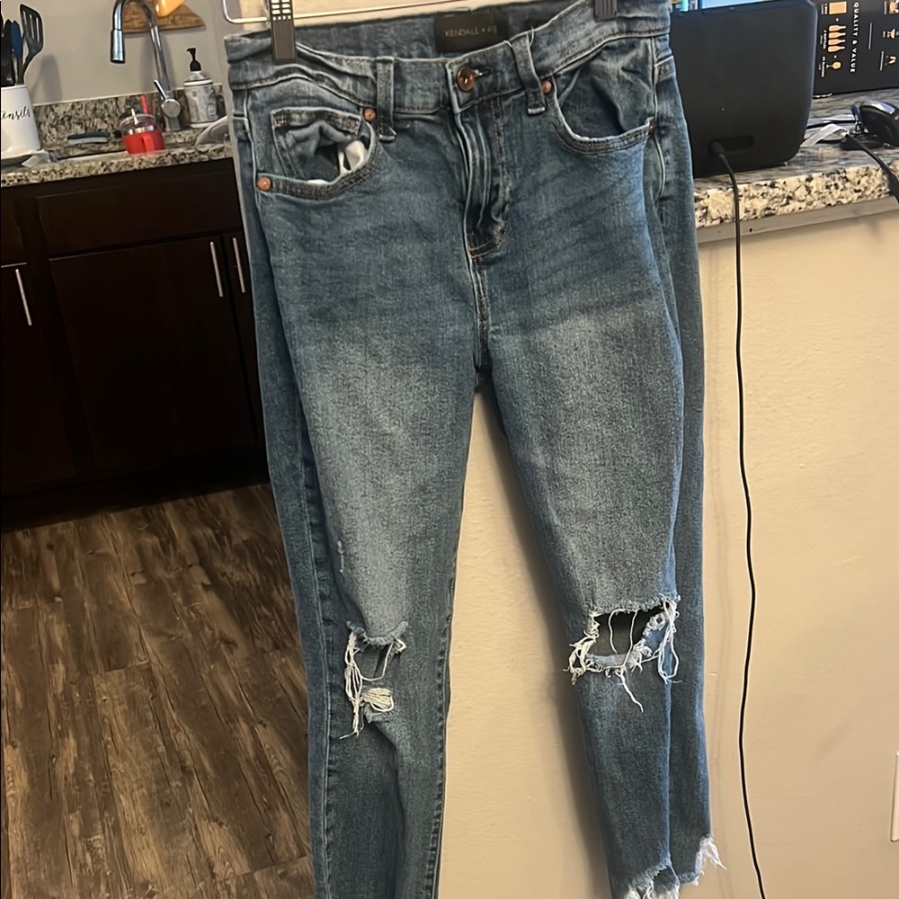 Kendall & Kylie Blue Distressed Ankle Cropped Jeans